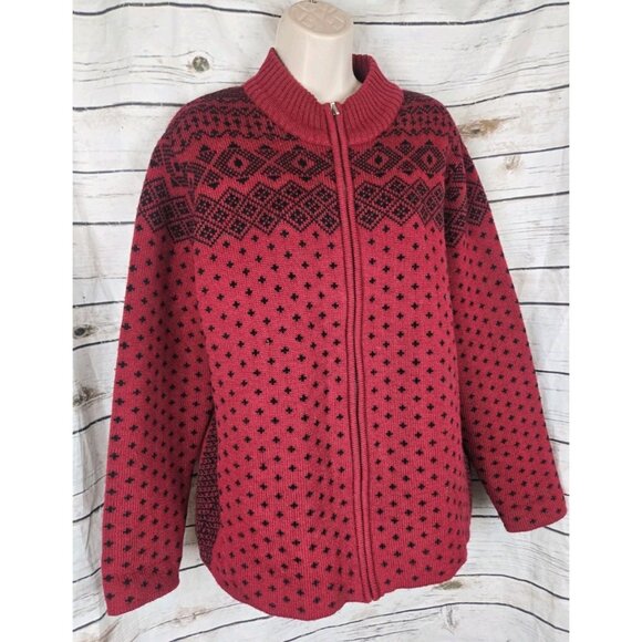 Lands End Red 100% Wool Sweater Cardigan L 14-16 Womens Fair Isle Full Zip - Picture 2 of 7